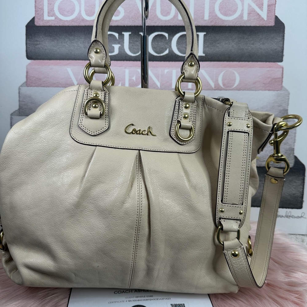 Coach Ashley Cream Leather Satchel with Gold Hardware and Removable Strap W/COA